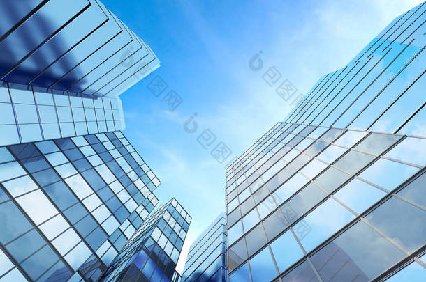 <strong>摩天大楼</strong>玻璃办公楼的未来建筑摘要。3D渲染.