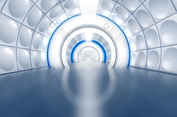 像太空飞船走廊的未来派隧道