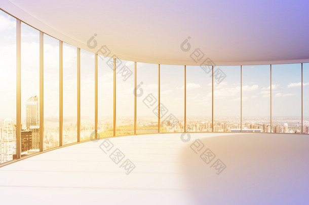 宽敞的办公室，空着。全景<strong>窗户</strong>，玻璃墙。巴黎景观。新办公室的概念。3d 渲染