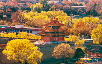 箭观赏塔宫墙秋故宫故宫北京中国。明朝王朝建于1600s 的皇帝宫殿图片