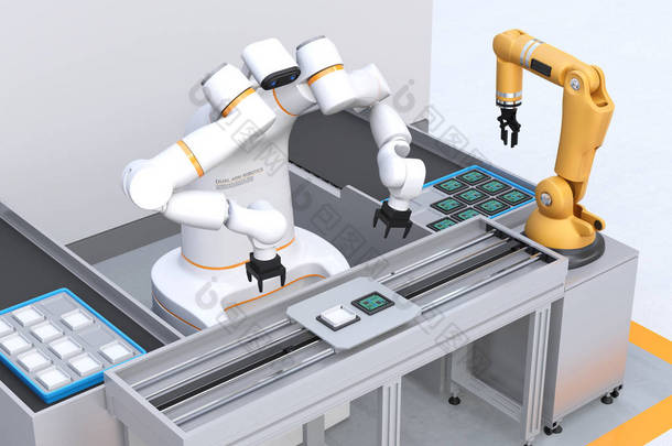 在电池生产空间中，双臂机器人装配印刷电路板。协作机器人概念。3d 渲染图像.