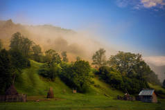 清晨时分，在森林附近发现了一幢矮小的房子，山上堆满了干草堆，在日出前，乡间的空气中笼罩着浓雾