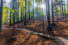 山地自行车在秋季山区森林景观。男子