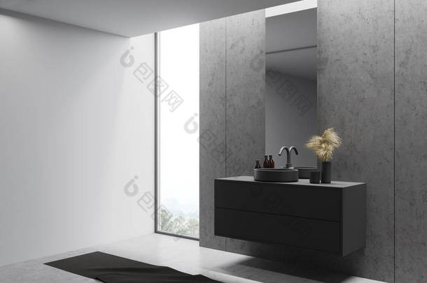 时尚阁楼浴室<strong>角落</strong>，白色和石墙，混凝土地面，舒适的圆形水池站在灰色台面上，垂直镜子和窗户与模糊的山景。3d渲染