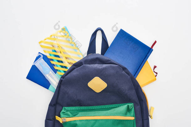 蓝色书包，白色隔离不同的学习用品