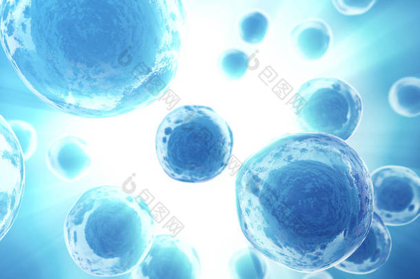 在蓝色背景上的人类或动物细胞。医学科学的概念。3d 渲染