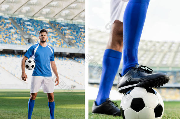 体育场足球场上身穿蓝白相间校服的职业足球运动员与穿着足球鞋的男足的<strong>拼贴</strong>