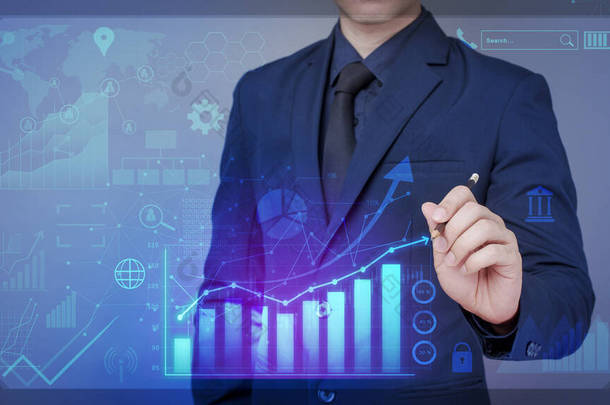 商人正在绘制金融增长图，<strong>分析</strong>商业数据、商业计划和战略概念 .