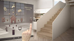 智能家居控制概念, 手动控制移动应用程序的数字接口. 模糊的背景显示现代白色和木制现代厨房, 建筑室内设计