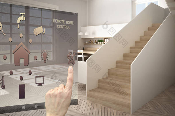 智能家居控制概念, 手动控制移动应用程序的数字接口. 模糊的背景显示现代白色和木制现代厨房, 建筑室内设计