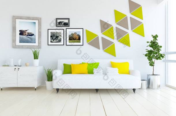 一个斯堪的纳维亚客厅内部的想法, 沙发, 植物和木地板。家北欧内饰。3d 插图 