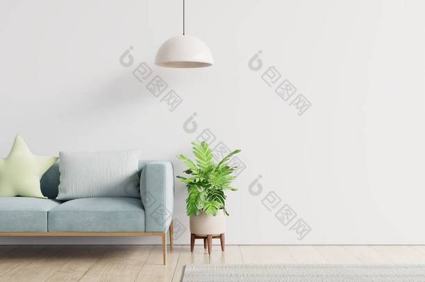 空荡荡的客厅里,有蓝色的<strong>沙发</strong>,植物和桌子在空荡荡的白墙背景上.3D渲染