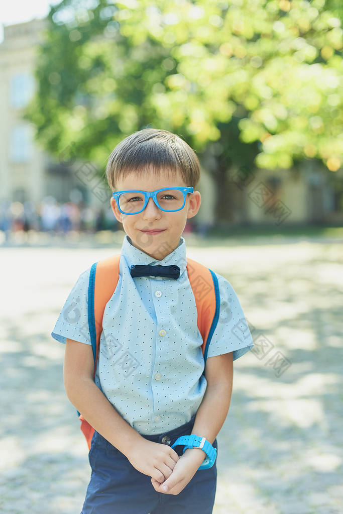 身穿衬衫和蝴蝶的聪明快乐男孩的画像。 第一次去学校。 回学校去 聪明的小男孩。 学习、学校、思想、生活方式和成功的概念.