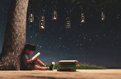 那个男孩在星罗节用老式灯笼发出的光读一本书