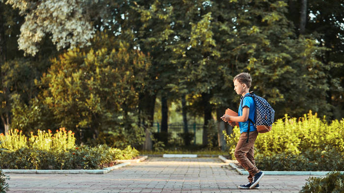 这孩子去上学。男孩男孩上学在莫