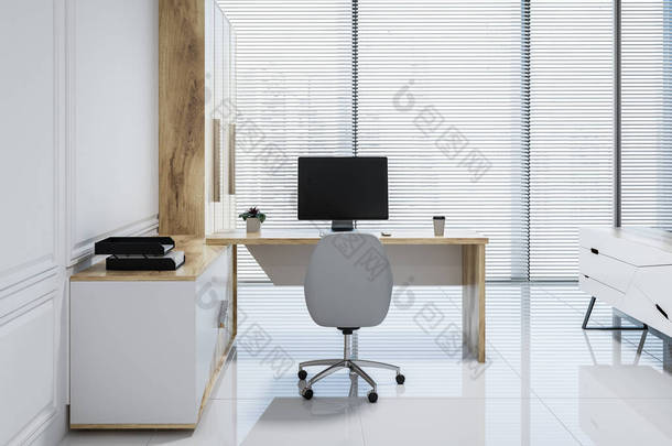 经理办公室内部有白色的墙壁, 高大的木制衣柜, 和一张带有白色椅子的电脑桌。阁楼窗口。3d 渲染模拟