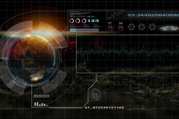 高<strong>科技</strong>界面，4k素材hud全球接口和技术，抽象技术ui未来概念hud接口全息图的数字<strong>数据图</strong>元素，这个元素完成由美国宇航局