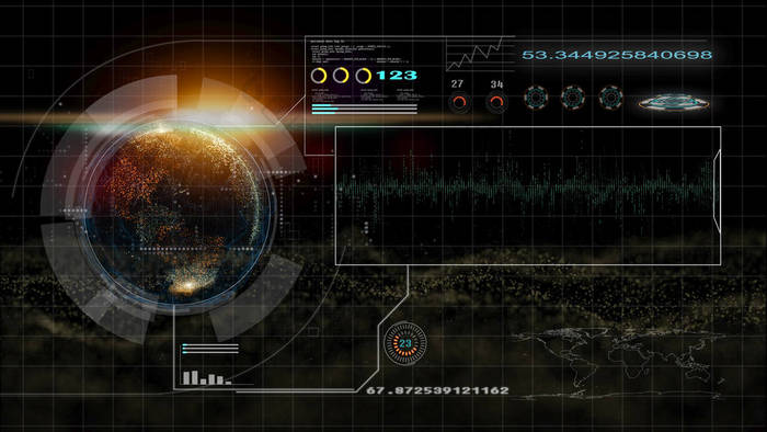 高科技界面，4k素材hud全球接口和技术，抽象技术ui未来概念hud接口全息图的数字数据图元素，这个元素完成由美国宇航局
