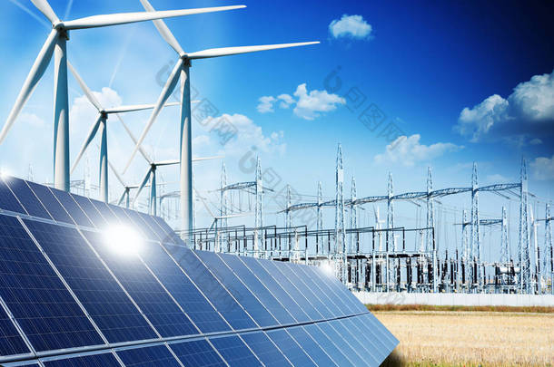 可再生能源概念与网格连接太阳能电池板和风力涡轮机