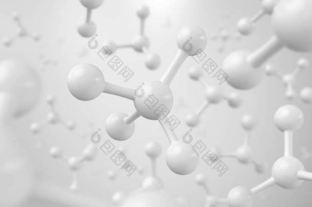 白色分子或原子，科学或医学背景的抽象<strong>清洁</strong>结构，3D渲染.