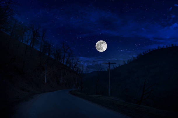 满月之夜穿过森林<strong>的</strong>山路。乡村道路夜景夜景