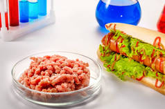合成肉类生产。检查产品在实验室是否合适.人造肉是未来的食物。试管肉.