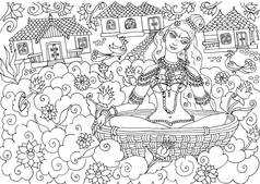喀拉拉壁画风格的女孩坐在湖里, 成人着色书页提纲。着色书印度, 印度妇女.