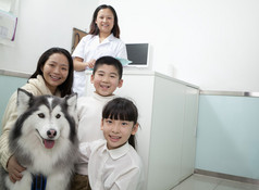 家庭的宠物狗在兽医的办公室
