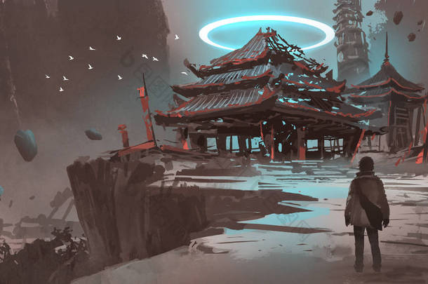 夜景显示一个人看着丢失的寺庙, 数字艺术风格, 插图绘画