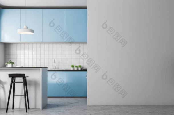 前视图<strong>白色</strong>瓷砖厨房与混凝土地板, 大窗口和蓝色台面。3d. 右侧<strong>渲染</strong>复制空间墙