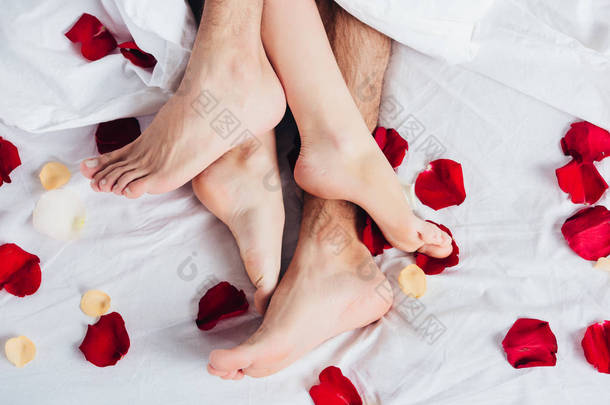 部分看法赤脚夫妇躺在柔软的白色床上用品与红色花瓣 