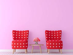情人节主题客厅3d 渲染图像。有简约风格的形象, 粉红色的空墙和红色的家具