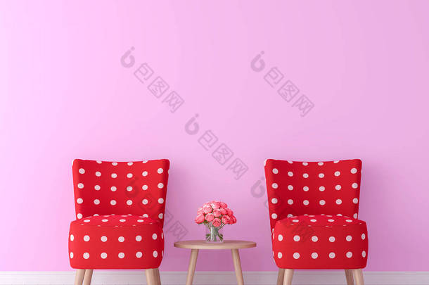 情人节主题客厅3d 渲染图像。有<strong>简约</strong>风格的形象, <strong>粉</strong>红色的空墙和红色的家具