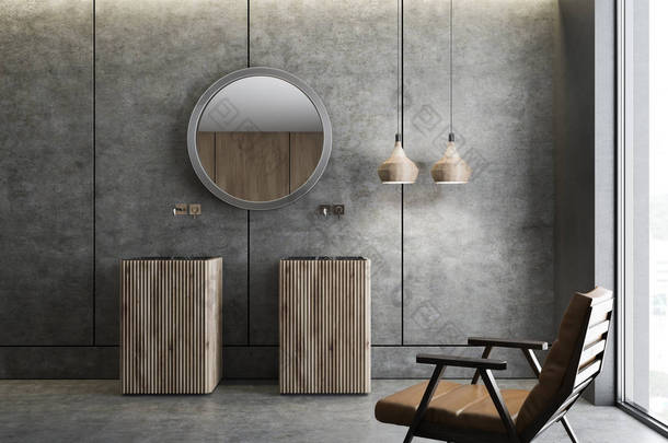 现代浴室内有混凝土墙壁和地板, 两个木水槽, 上面挂着圆形镜子。真皮扶手椅。3d 渲染