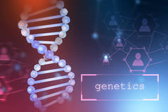 蓝色的 dna 螺旋和人网络图标的蓝色紫色背景。文本遗传学写在一个小盒子里。生物技术、生物学、医学和科学概念。3d 渲染模拟色调图像