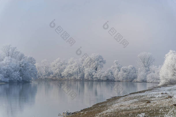 森林湖上宁静的风景，大自然的冬天