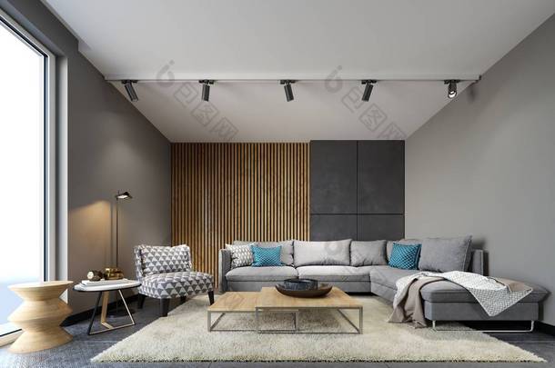 现代阁楼内部的客厅, 灰色沙发和五颜六色的枕头上的金属地板和深色水泥墙和木板元素。3d 渲染
