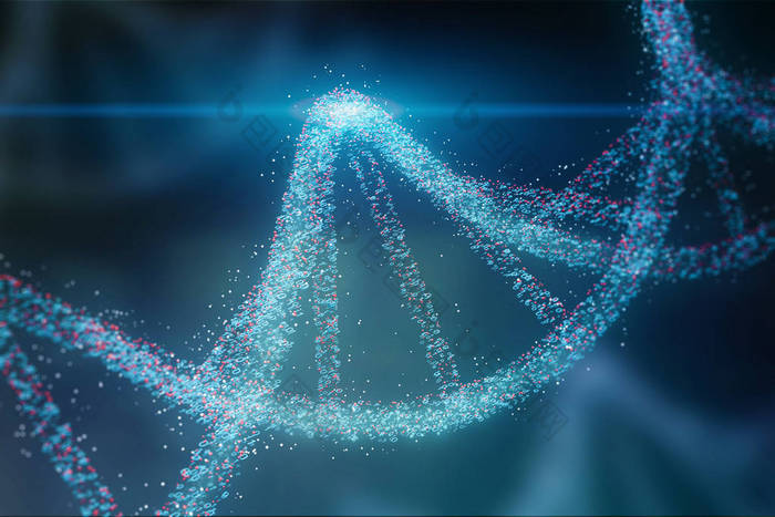 蓝色和红色粒子 dna 螺旋在深蓝色背景下发光。遗传学、科学和医学的概念。生物。3d 渲染复制空间色调图像