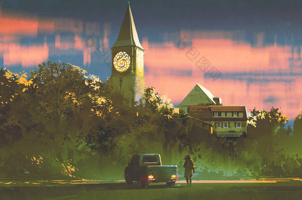 男子与他的卡车站在老教堂前面的森林日落, 数字艺术风格, 插<strong>图画</strong>