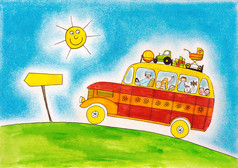 学校公车之旅、 儿童画、 水彩画画在纸上