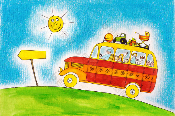 学校公车之旅、 儿童画、 水彩画画在纸上