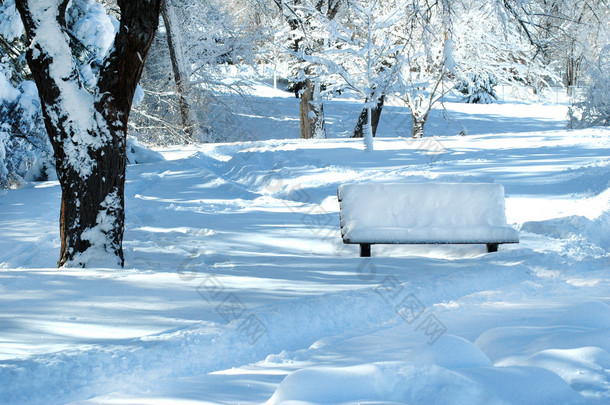 冬天冷公园的长凳上