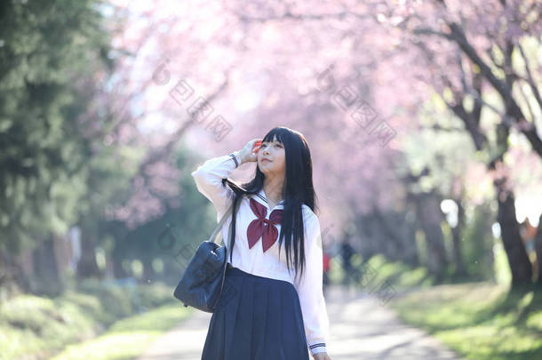 日本学校女孩礼服寻找樱花自然走道