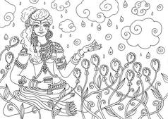 喀拉拉邦壁画风格的女孩，女人，女神，成人着色书页面轮廓。着色书 印度， 印度妇女.