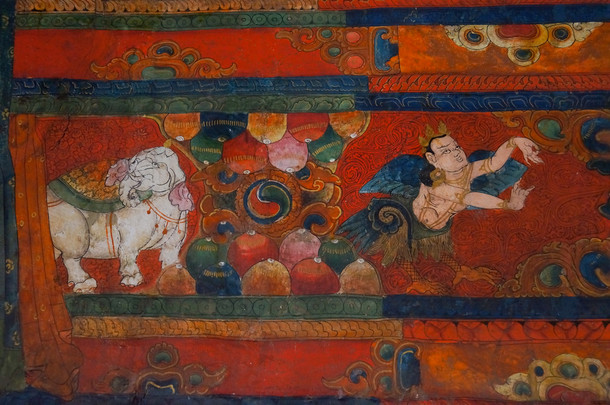 在<strong>藏族</strong>的修道院，Basgo 的墙壁的古代佛教壁画。 