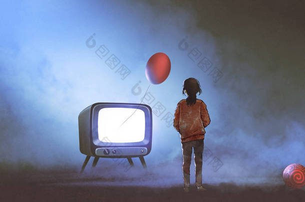 女孩看红色气球漂浮从电视在黑暗的背景, 数字式艺术样式, 例证绘画