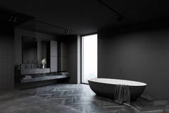 豪华酒店浴室的角落，有深灰色的墙壁，木制的地板，舒适的大浴缸，巨大的石头下沉与垂直的镜子和窗户与模糊的山景。3d渲染