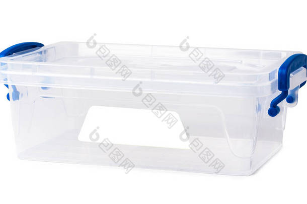 白色背景下隔离的透明塑料盒