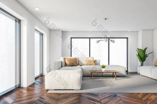 内饰时尚的全景客厅，白色墙壁，深色木地板，白色沙发站在柔软的地毯和木制咖啡桌。窗户与模糊的城市景观。3d渲染