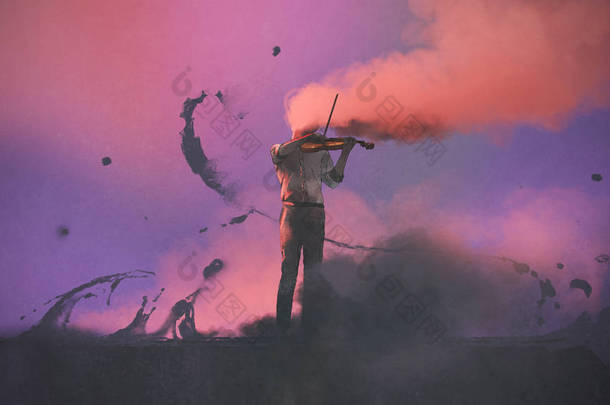 神秘音乐家的超现实主义的概念与彩色烟雾<strong>演奏小提琴</strong>, 数字艺术风格, 插图绘画